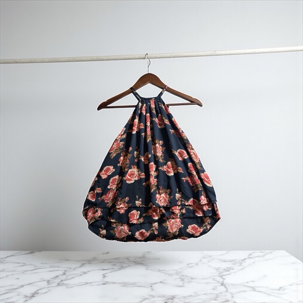 J for Justify Navy and Coral Floral Tank Top sleeveless top size medium